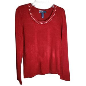 Karen Scott Red Scoop Neck Rhinestone Embellished Sweater Sz L